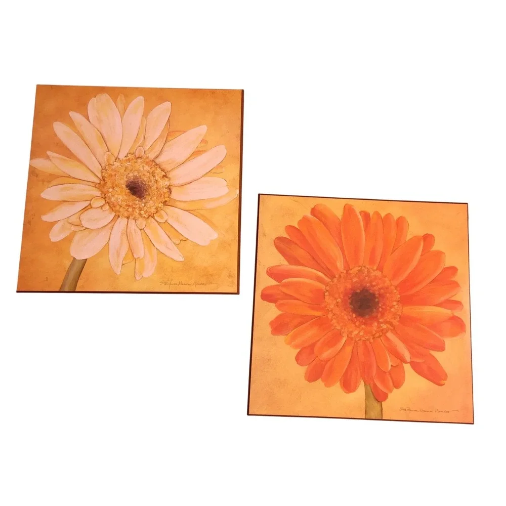 Set of 2 Square Canvas Wall Art Floral Gerbera Daisy Orange Peach Decor‎